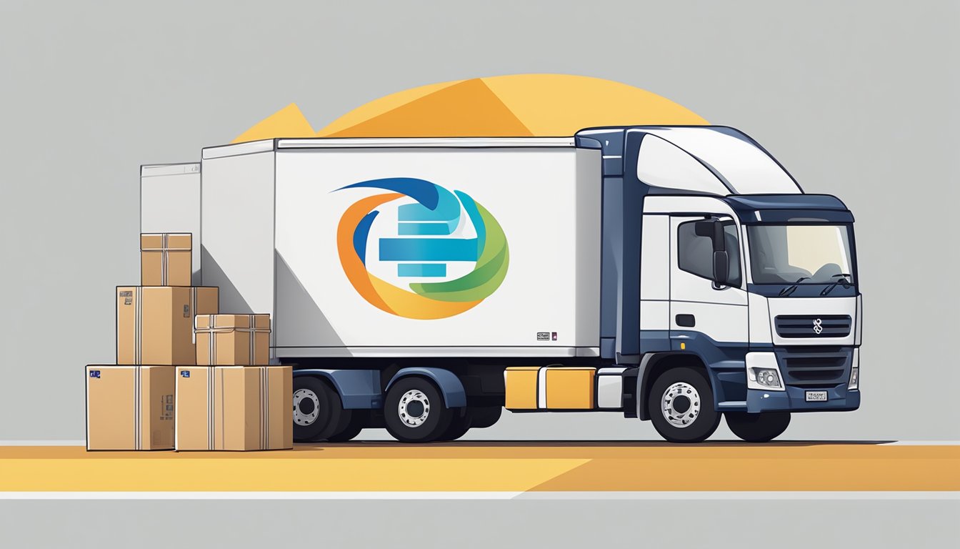 A package with the LIMTEH PROJECT PTE LTD logo is being loaded onto a delivery truck, surrounded by shipping boxes and corporate gifts