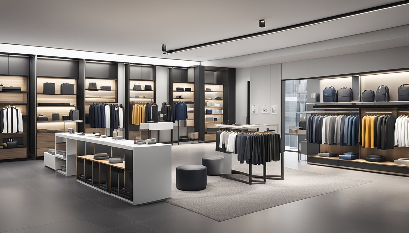 A group of corporate gifts, including branded merchandise and custom items, displayed in a sleek and modern showroom