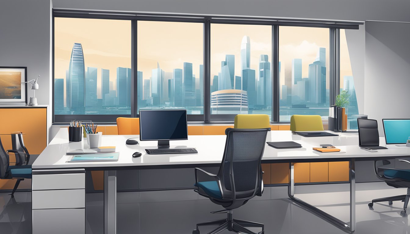 A sleek, modern office setting with branded corporate gifts displayed on a polished desk. A Singapore skyline is visible through the window in the background