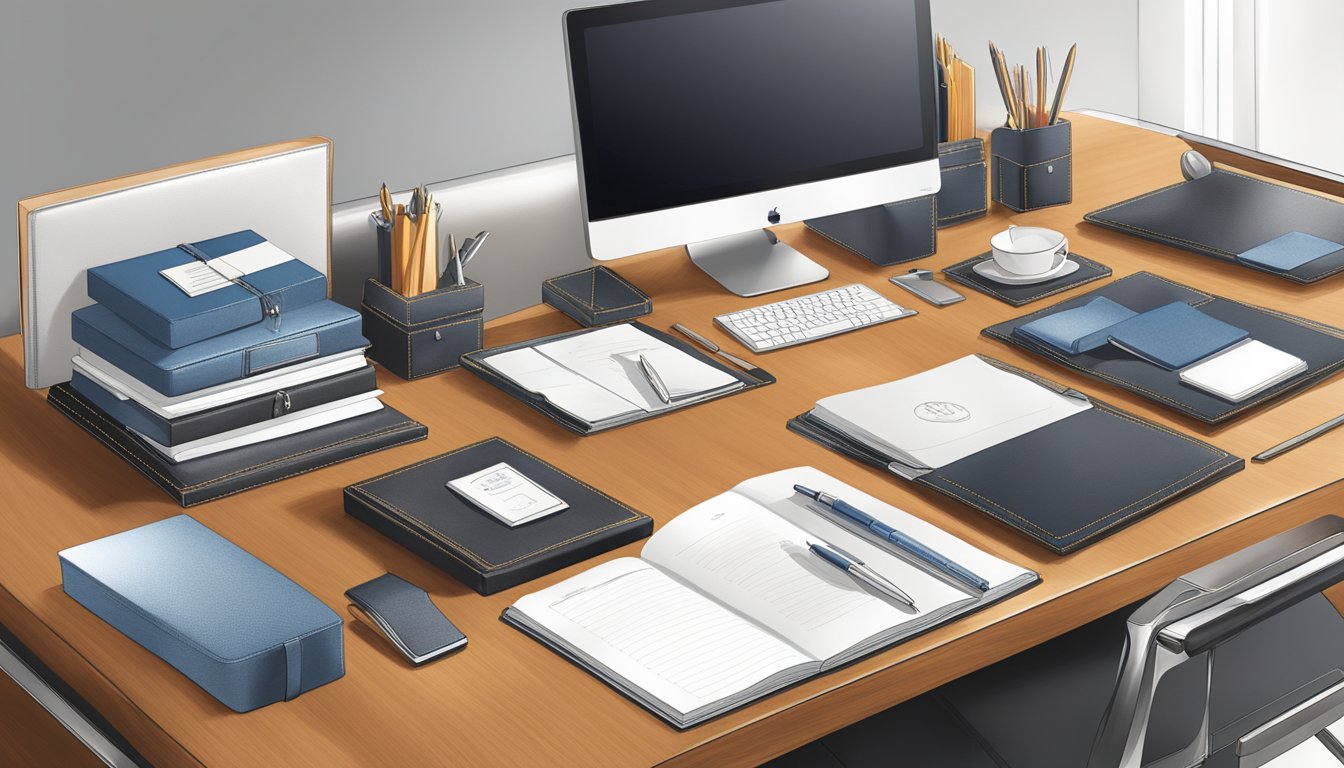 A sleek, modern office desk adorned with high-end corporate gifts from AcaciaGifts.net. Each item exudes quality and craftsmanship, from elegant pens to luxurious leather-bound journals