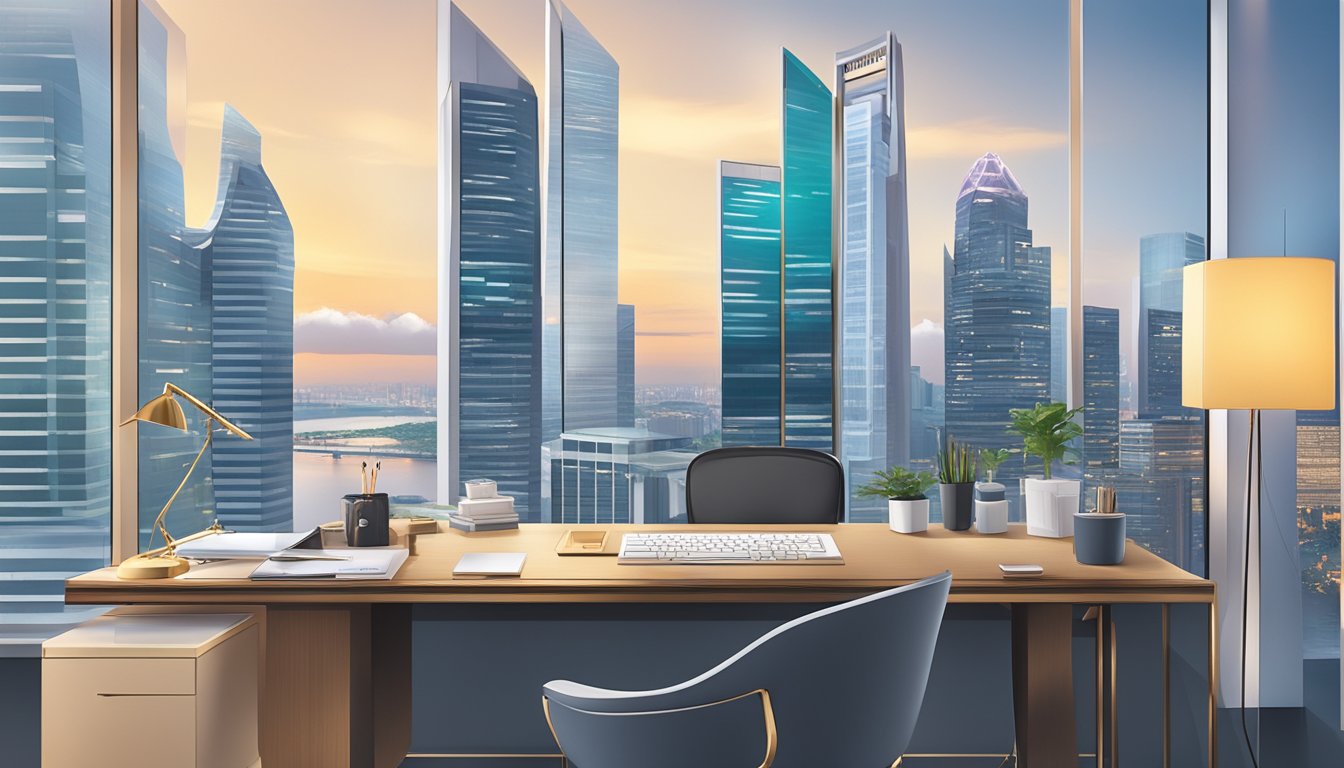 A sleek office desk with a branded corporate gift box and elegant stationery set, surrounded by modern office decor and a view of the Singapore skyline
