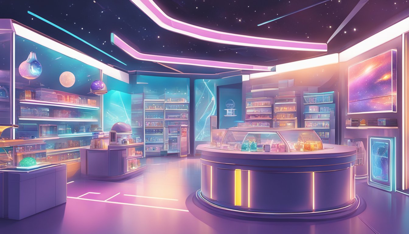 A futuristic space-themed gift shop with sleek corporate items and Singaporean souvenirs. Bright lights and a modern aesthetic create a captivating atmosphere