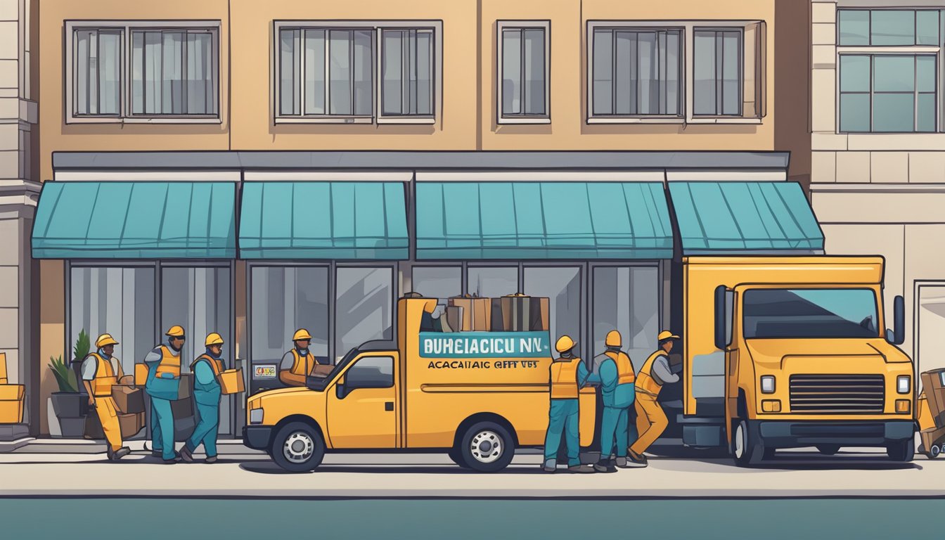 A delivery truck parked outside an office building, with workers unloading boxes of corporate gifts from AcaciaGifts.net