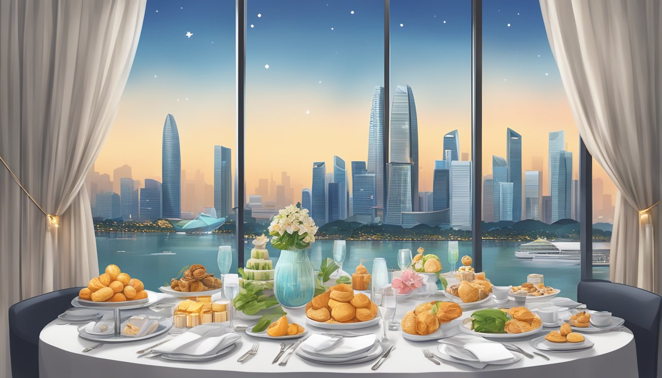 A table adorned with elegant corporate gifts from Innerfyre.Co, set against a backdrop of the Singapore skyline