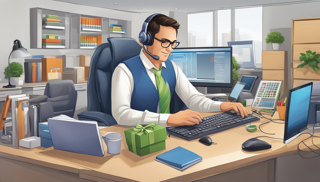 A customer service representative at AcaciaGifts.net assists a client with corporate gift selection, surrounded by a variety of gift options and a computer workstation