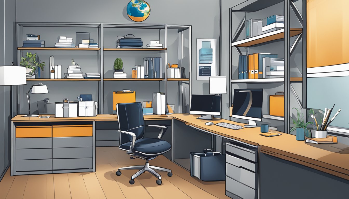 A sleek, modern office space with branded corporate gifts displayed on shelves. The Planet Traveller Singapore logo prominently featured