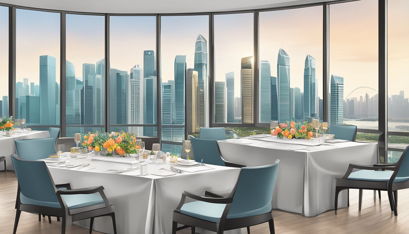 A table displays elegant corporate gifts with Innerfyre.Co branding. A Singapore skyline backdrop emphasizes value