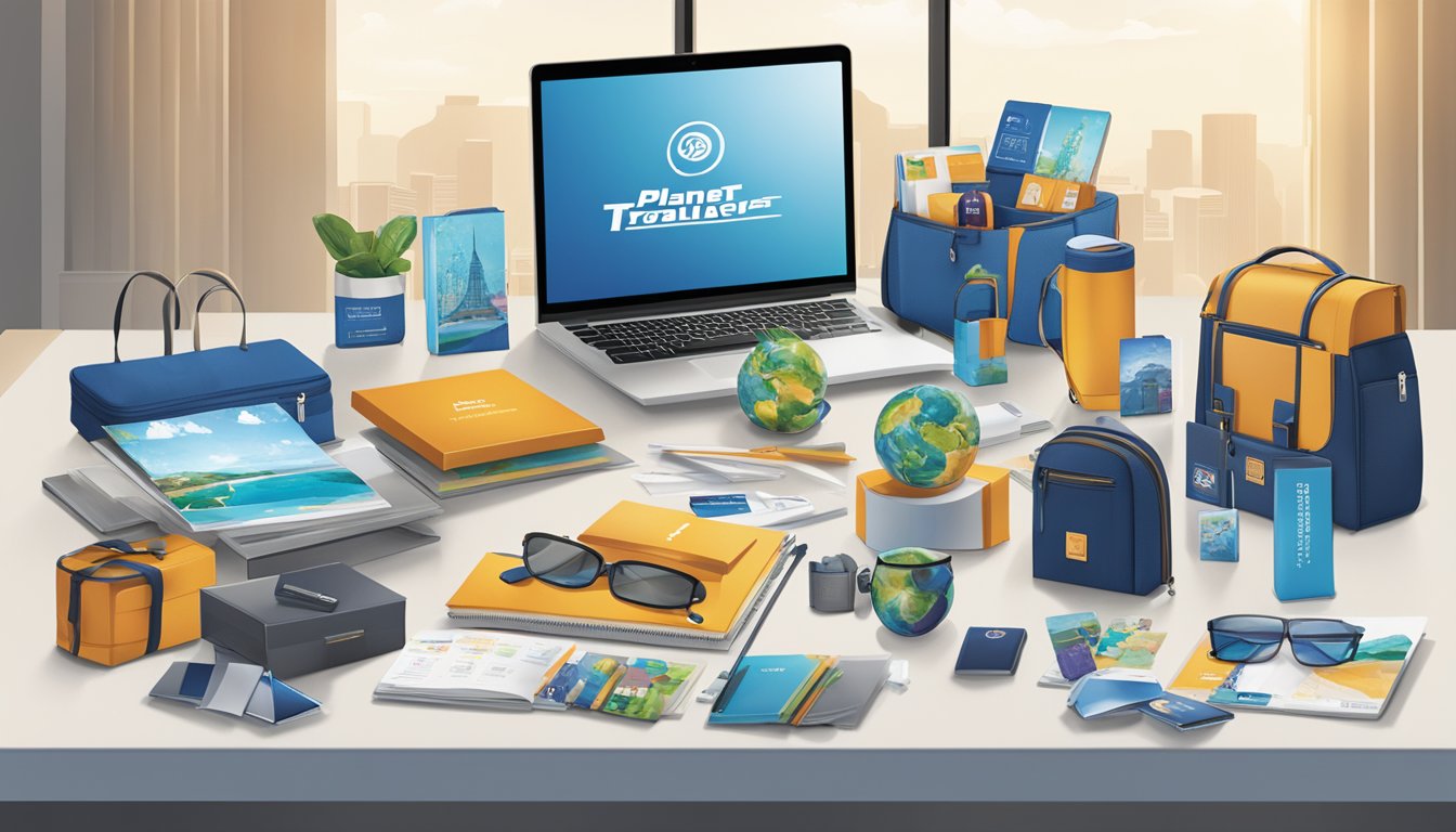 A table displays a variety of corporate gifts, including branded travel accessories and innovative gadgets. The Planet Traveller Singapore logo is prominently featured