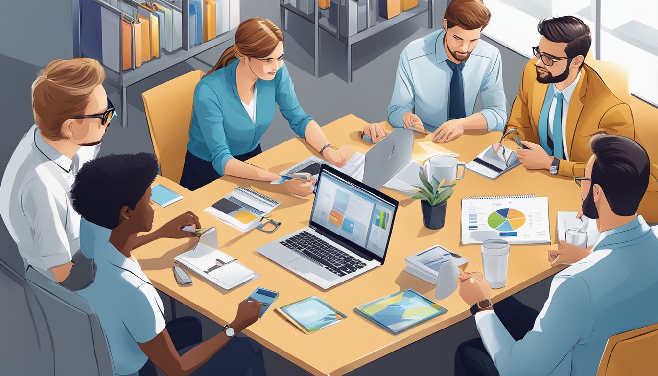 A group of professionals discussing corporate gifts, surrounded by branded merchandise and promotional materials