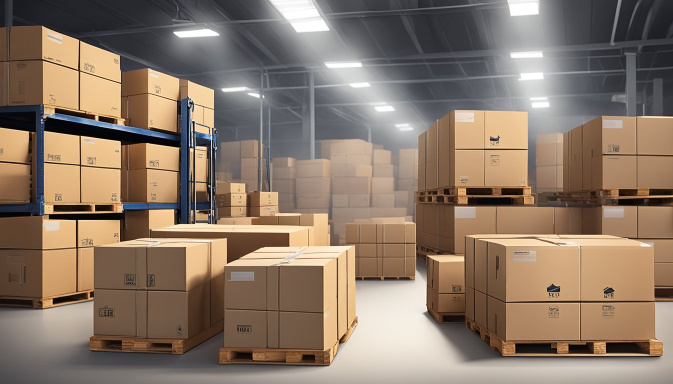 A stack of branded corporate gifts sits in a warehouse, ready for shipping. Boxes are neatly labeled with the Innerfyre.Co logo. The scene is illuminated by the soft glow of overhead lights