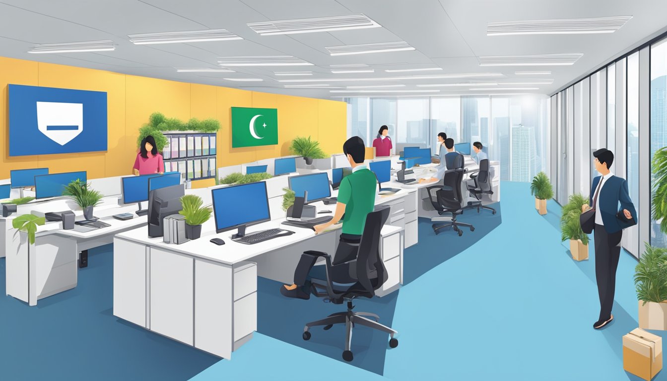A corporate office with employees assisting customers, branded gifts on display, and a Singaporean flag in the background
