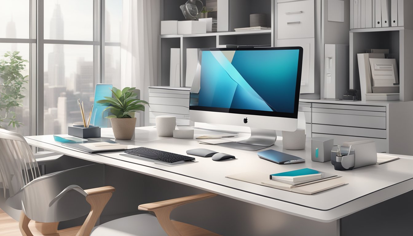 A sleek, modern office desk adorned with high-quality corporate gifts, showcasing exquisite craftsmanship and attention to detail