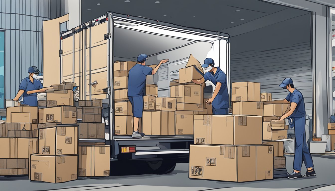 A stack of corporate gifts is being loaded onto a delivery truck outside The Planet Traveller in Singapore. The shipping area is bustling with activity as workers prepare the items for distribution