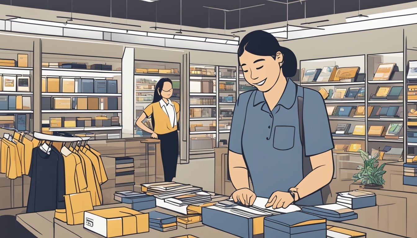 A customer service representative assists a corporate client at The Planet Traveller store in Singapore, showcasing a variety of unique corporate gifts for review