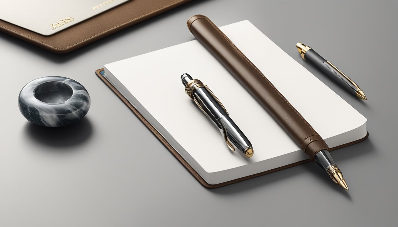 A corporate logo engraved on a sleek metal pen, next to a branded leather notebook and a polished marble paperweight