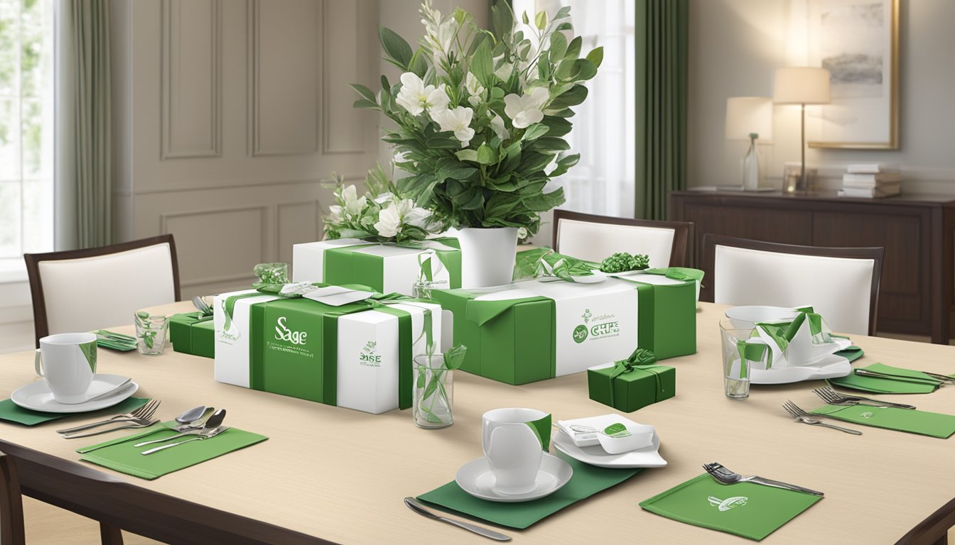 A table adorned with elegant corporate gifts, branded with "SAGE AND GIFTS PTE. LTD." logo