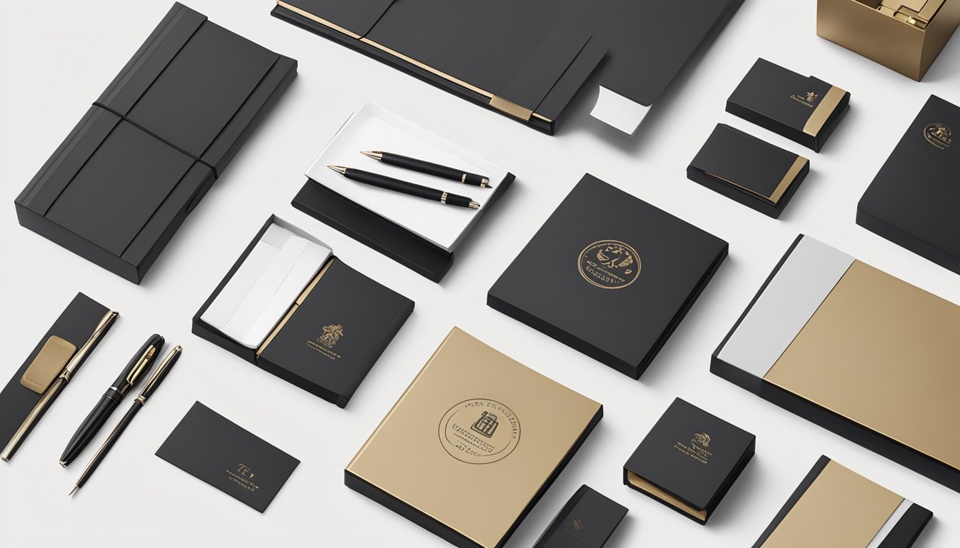A table displays a variety of corporate gifts, including branded pens, leather notebooks, and custom-engraved plaques. Bright packaging and elegant displays enhance the professional and thoughtful atmosphere