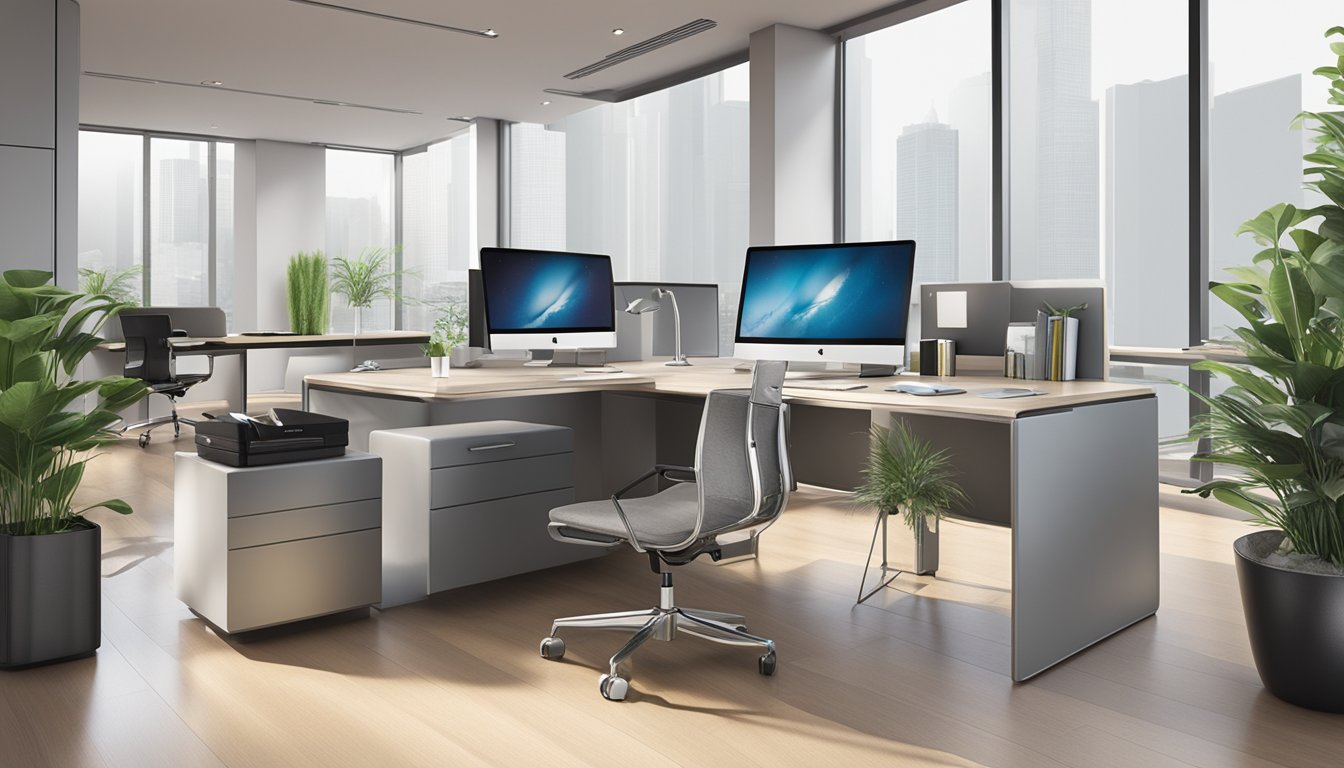 A sleek, modern office desk displays an array of high-quality corporate gifts with the SAGE AND GIFTS PTE. LTD. logo prominently featured. The attention to detail and craftsmanship is evident in the elegant designs and luxurious materials used