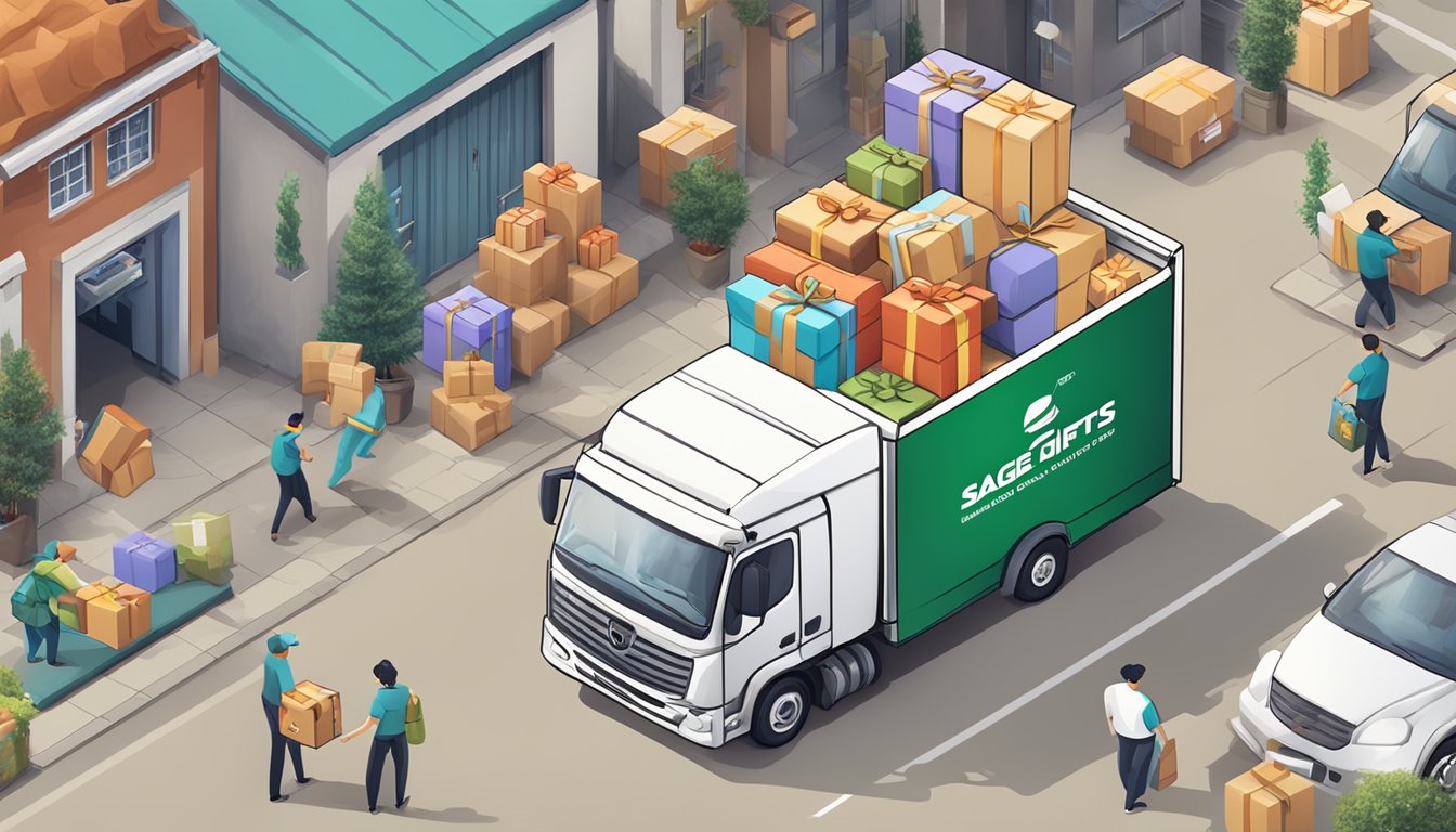 A package with "SAGE AND GIFTS PTE. LTD." logo is being loaded onto a delivery truck, surrounded by various corporate gifts