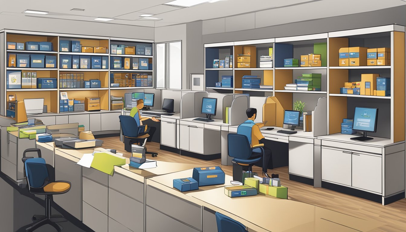 A corporate office with shelves of branded gifts, a customer service desk, and employees assisting clients with corporate gift selections