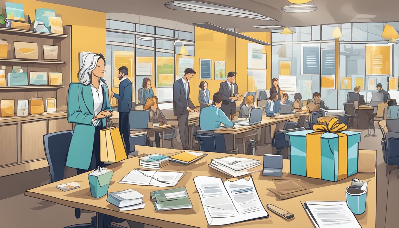 A table with various corporate gifts displayed, surrounded by satisfied customers leaving positive testimonials and reviews