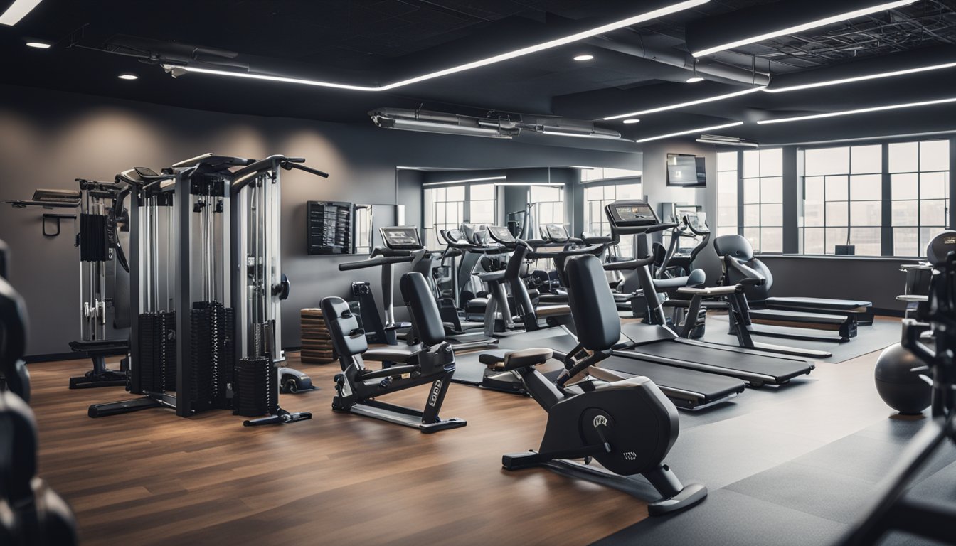 A neatly organized workout space with exercise equipment and a daily training schedule on the wall