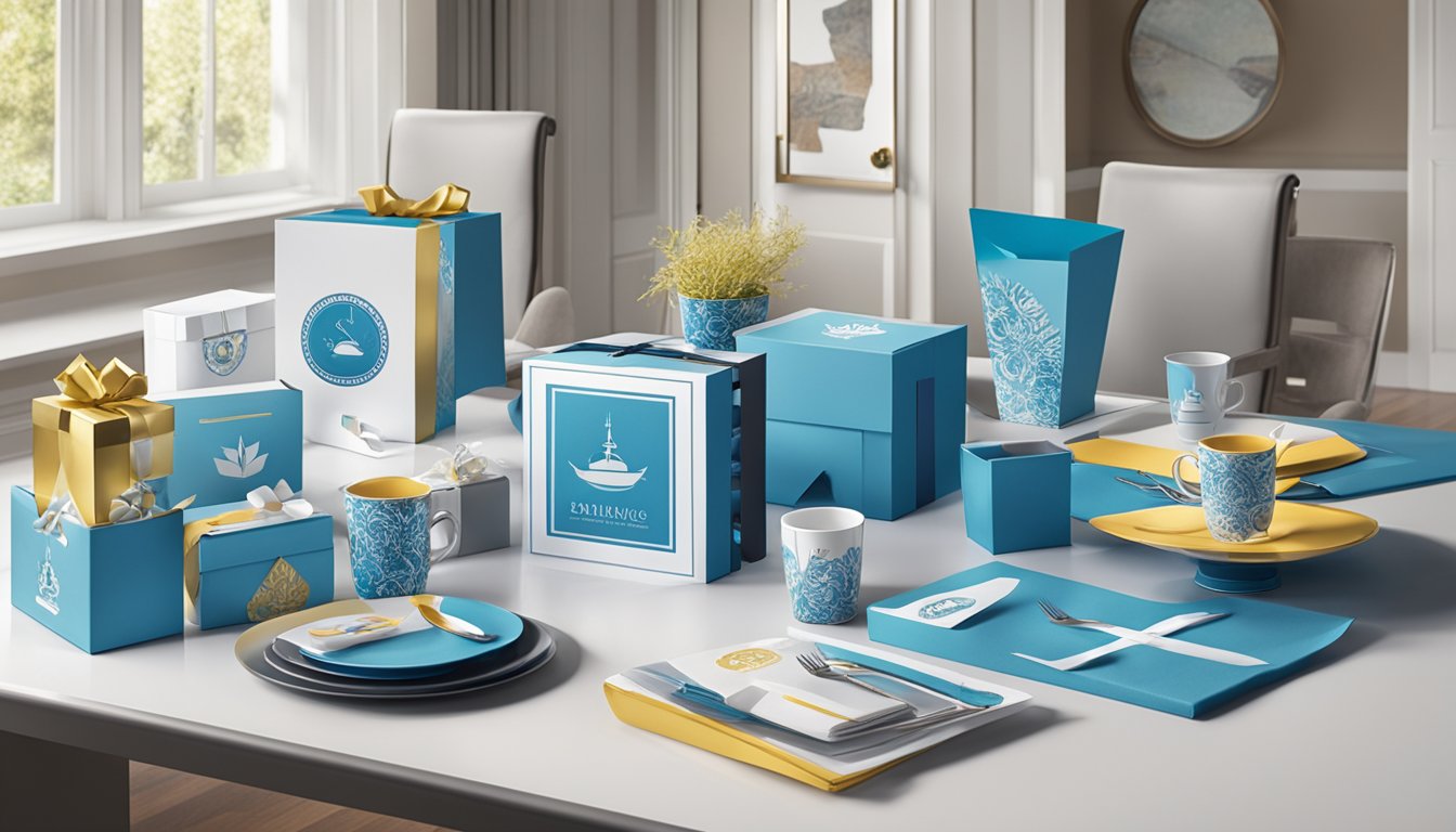 A table adorned with elegant corporate gifts, logo-branded items, and personalized prints displayed in a professional setting