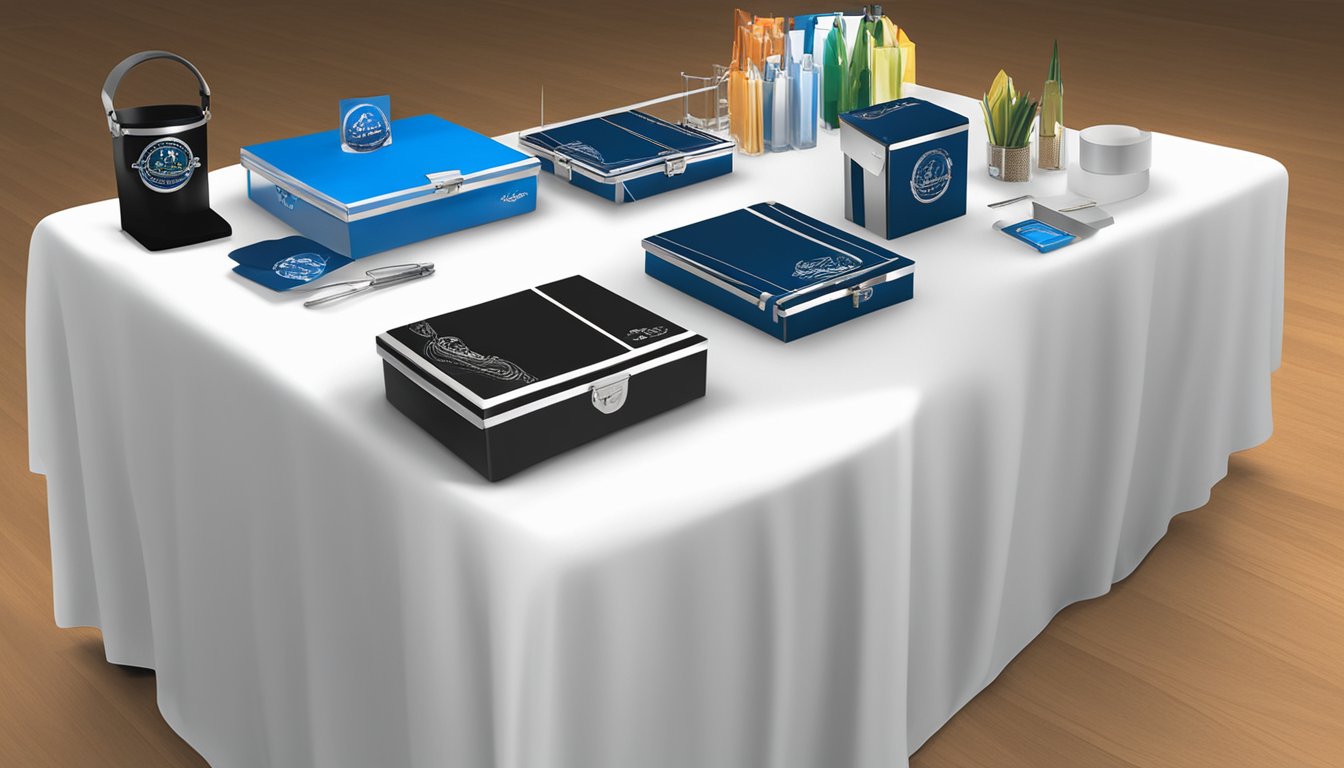 A table adorned with elegant corporate gifts, logo-branded items, and promotional merchandise from ApexGiftsandPrints.com. Bright lighting highlights the professional and sophisticated display