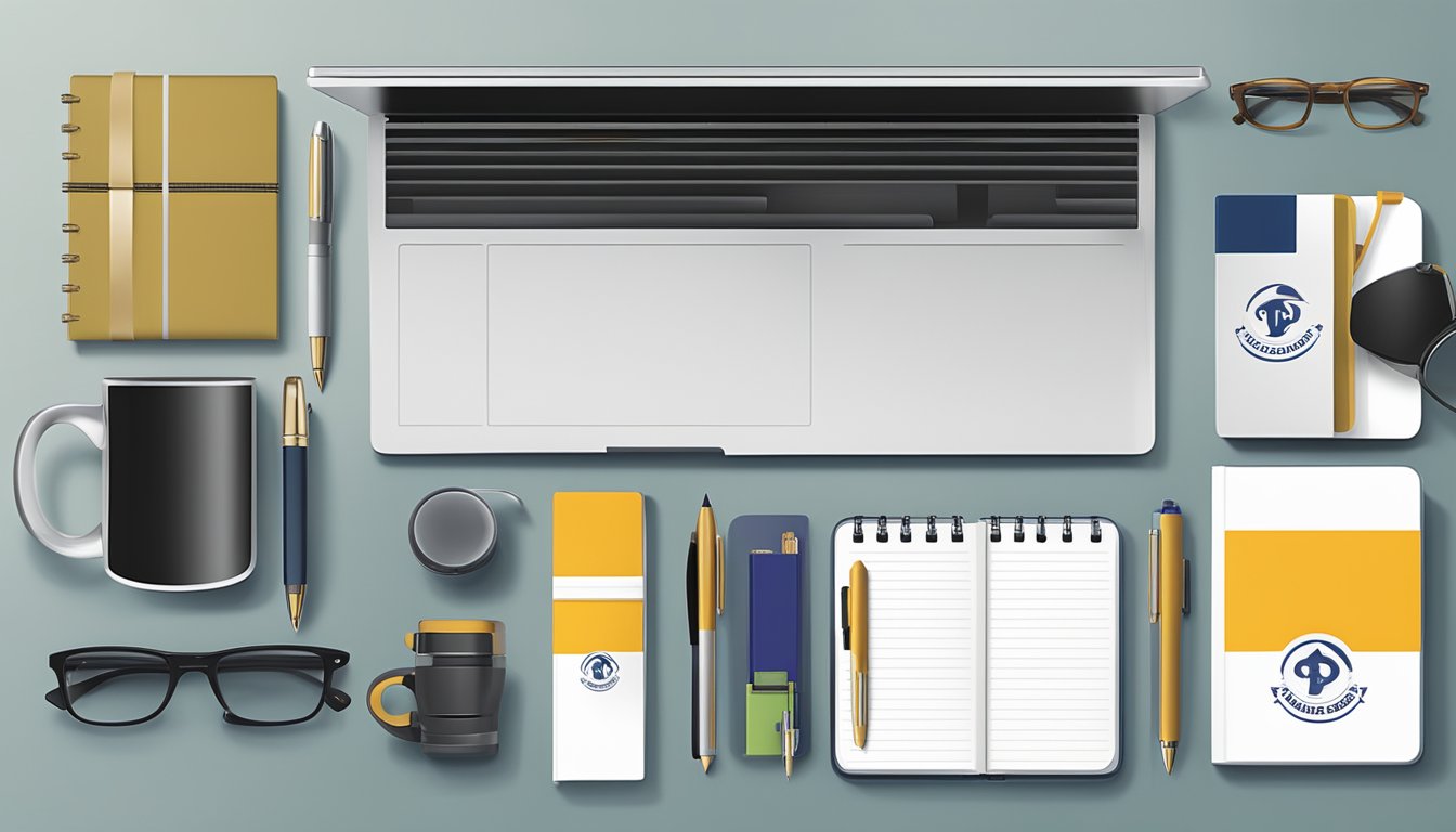 A table displaying a variety of corporate gifts such as branded pens, notebooks, and mugs. The gifts are neatly arranged and accompanied by custom-printed promotional materials