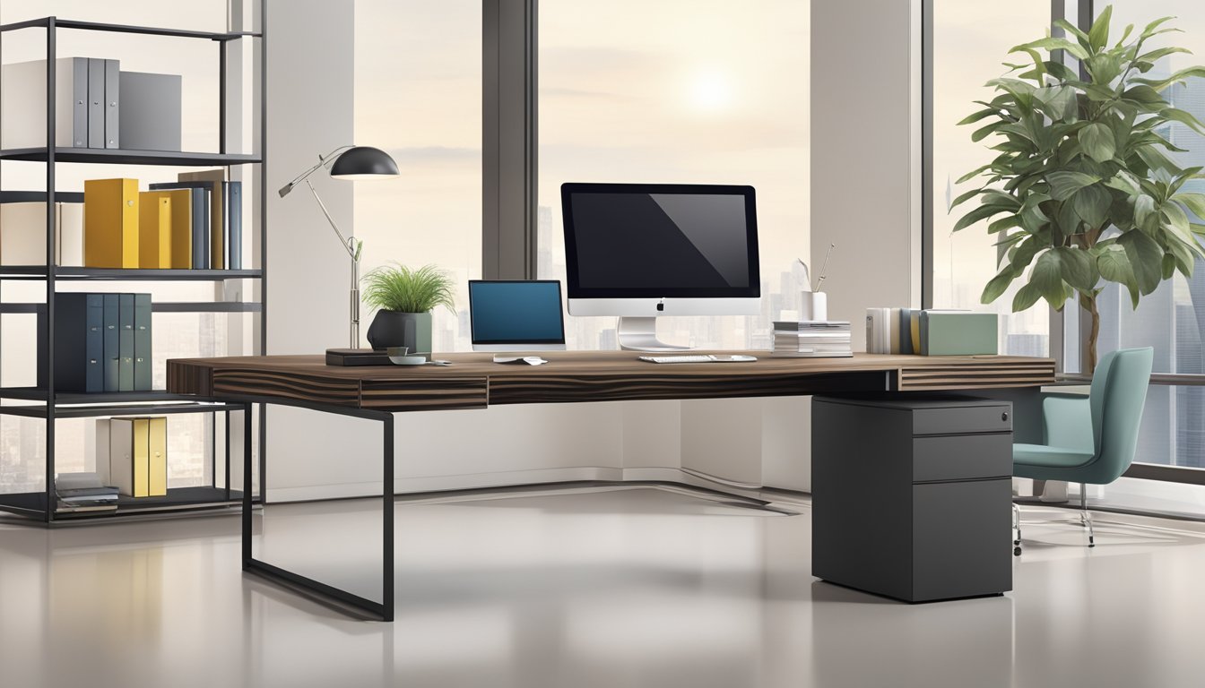 A sleek, modern office desk adorned with high-quality corporate gifts and prints. The craftsmanship and attention to detail are evident in each item displayed