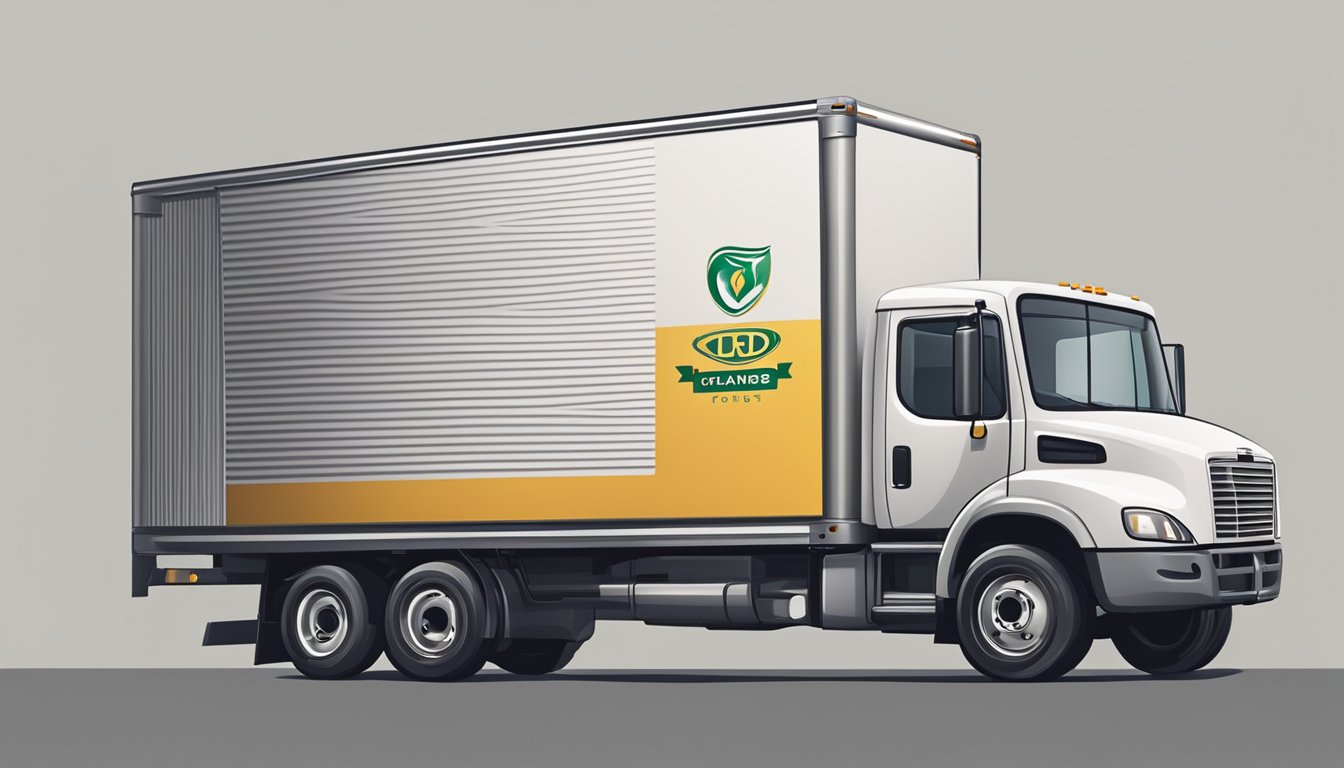 A delivery truck pulls up to a corporate office, unloading boxes of branded gifts. The company logo is prominently displayed on the packaging