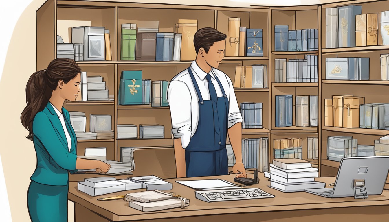 A customer service representative at ApexGiftsandPrints.com assists a client with corporate gift selections, surrounded by shelves of elegant gift options