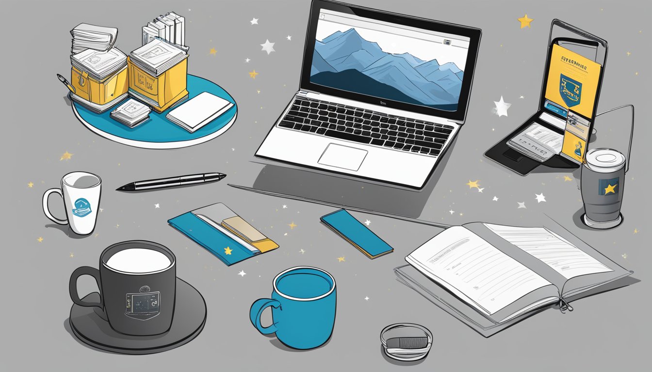 A table covered in branded merchandise, including mugs, notebooks, and pens. A laptop displays the Sparks-Merch.com website, with positive reviews and a five-star rating