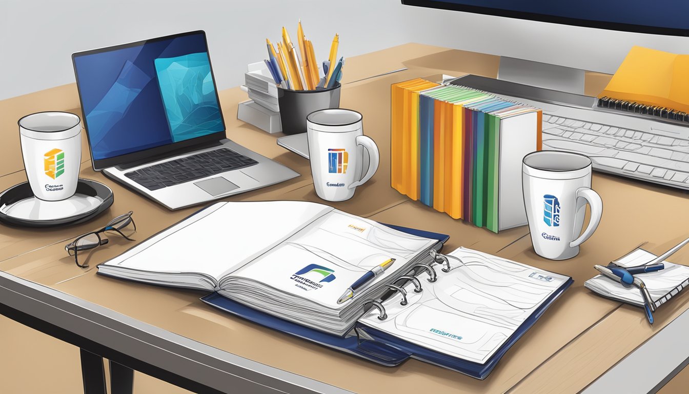 A table with branded corporate gifts displayed, including mugs, notebooks, and pens. A banner with the company logo hangs above the table