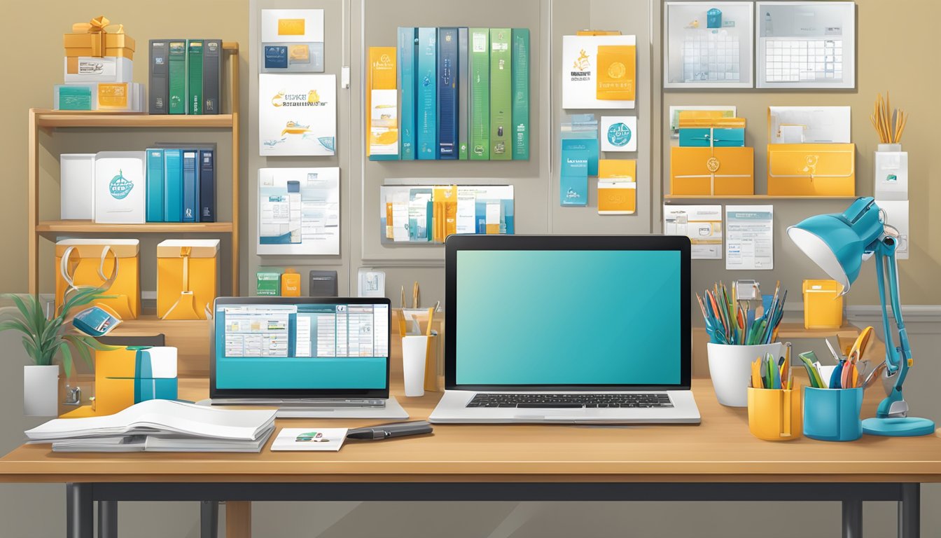 A table displaying a variety of corporate gifts, including branded merchandise and customized products, with a backdrop of a professional office setting