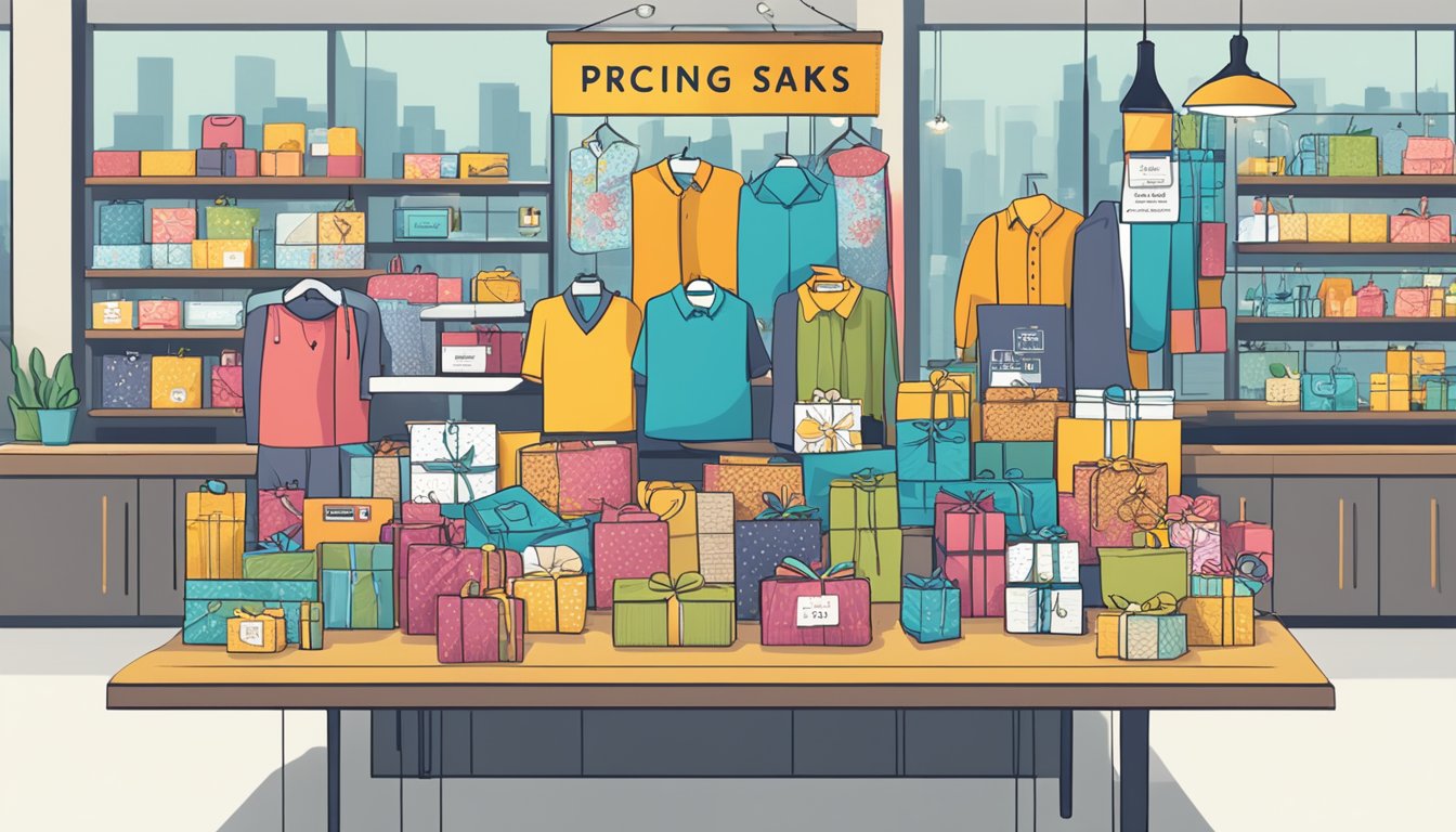 A table displays a variety of corporate gifts with price tags. A sign reads "Pricing and Value Sparks-Merch.com Corporate Gifts Review."