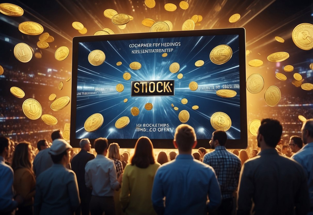 A crowd eagerly gathers around a digital screen, enticed by presale incentives for a new coin offering. Excitement and anticipation fill the air