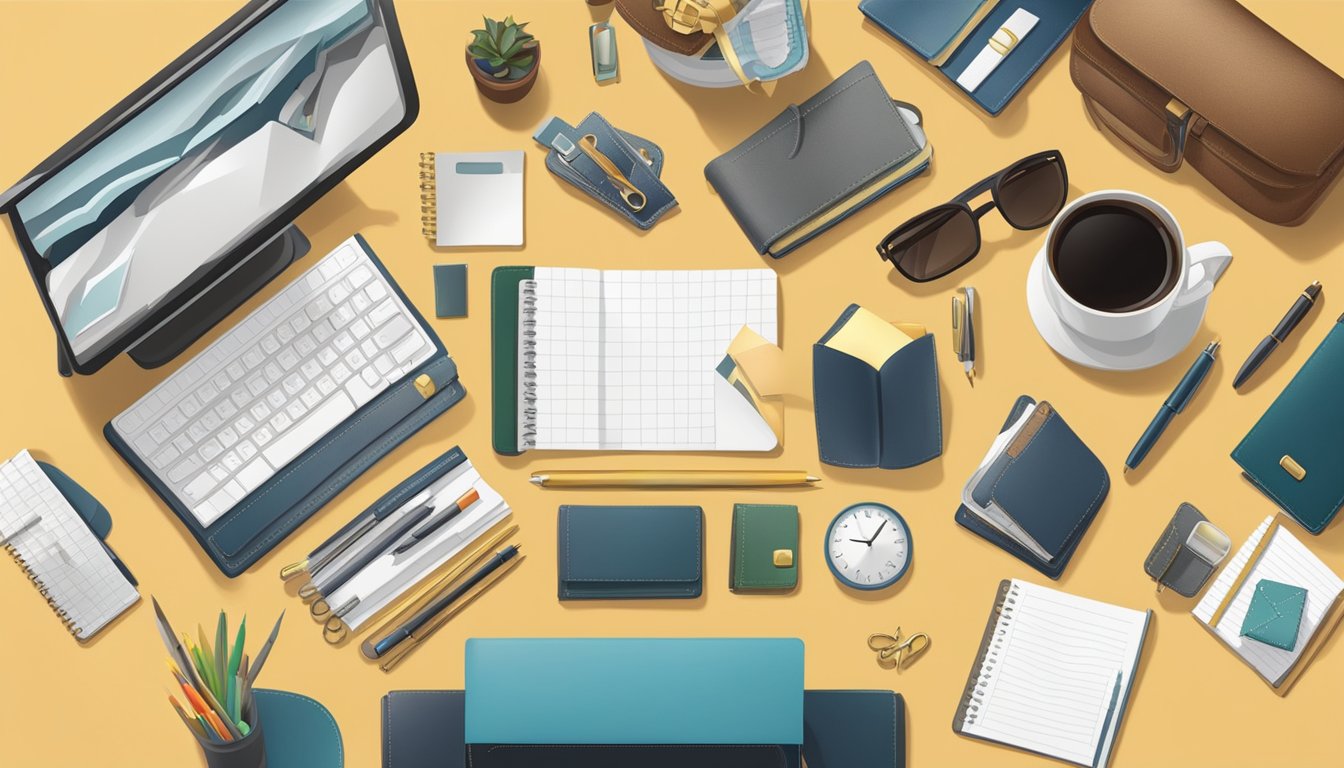 The scene depicts a desk with a variety of corporate gifts, including leather goods and stationery, neatly arranged for review