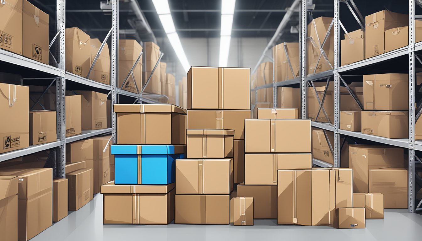 A pile of branded corporate gifts sits on a warehouse shelf, ready for delivery. Boxes are stacked neatly, with the Sparks-Merch.com logo prominently displayed