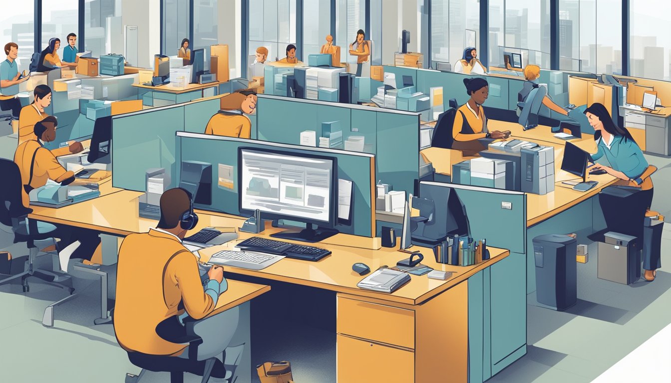 A busy office with employees answering phones and packaging corporate gifts. Company logo prominently displayed