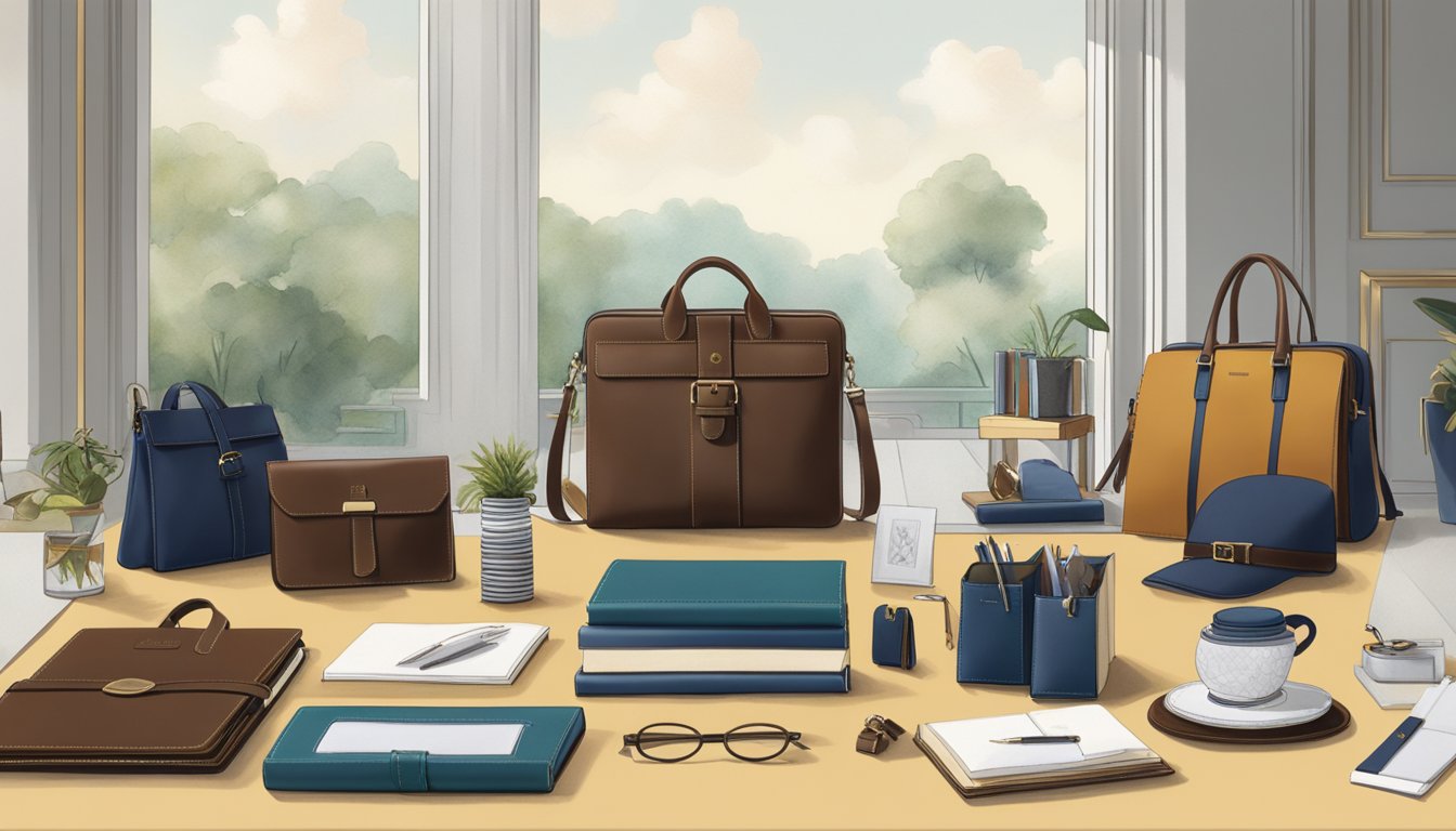 A table adorned with elegant corporate gifts from Gnome & Bow Pte Ltd. Leather notebooks, stylish bags, and unique accessories displayed in a sophisticated setting