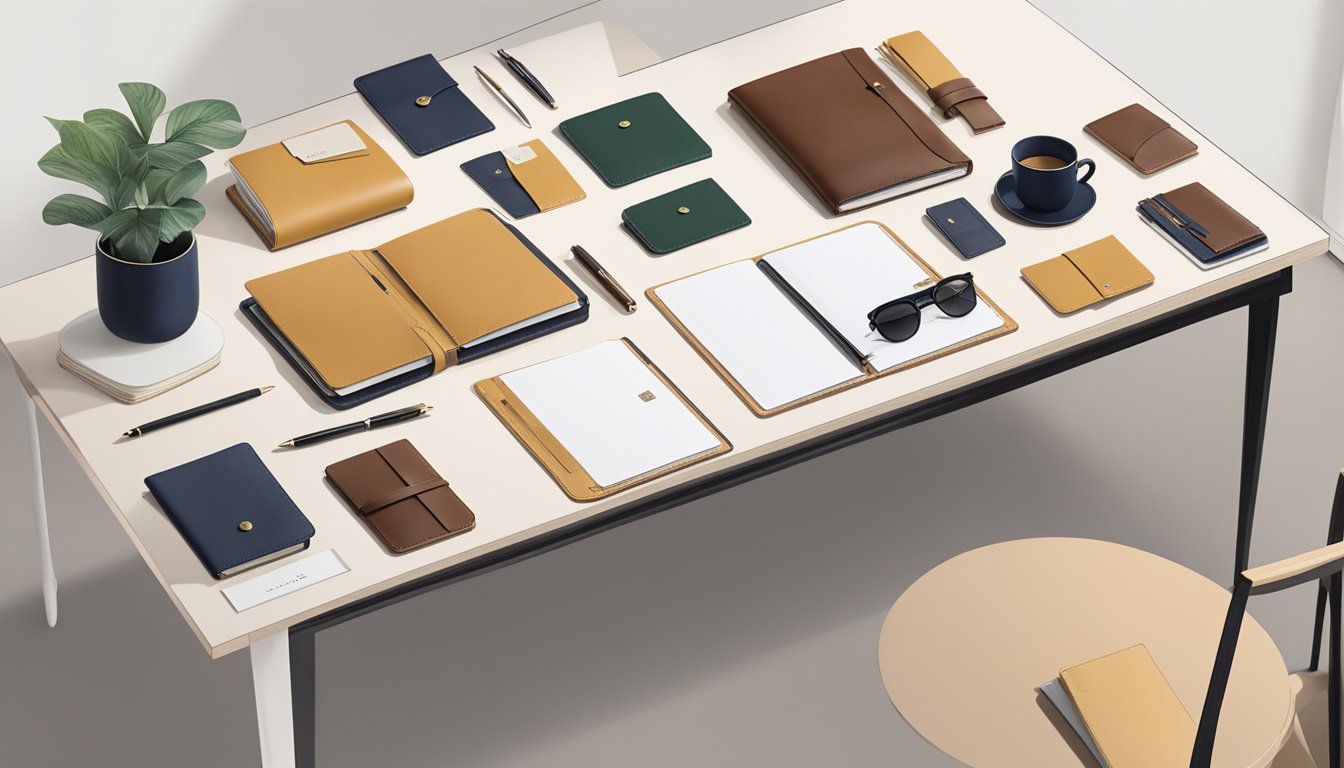 A table adorned with elegant corporate gifts from Gnome & Bow Pte Ltd, including leather notebooks, stylish cardholders, and sophisticated pen sets