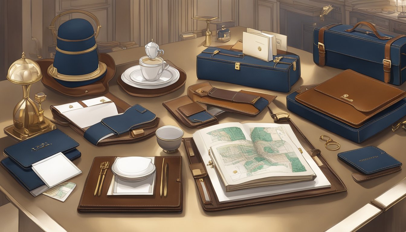 A table adorned with elegant corporate gifts, showcasing the quality and craftsmanship of Gnome & Bow Pte Ltd. Luxurious leather goods and finely detailed accessories displayed in a sophisticated setting