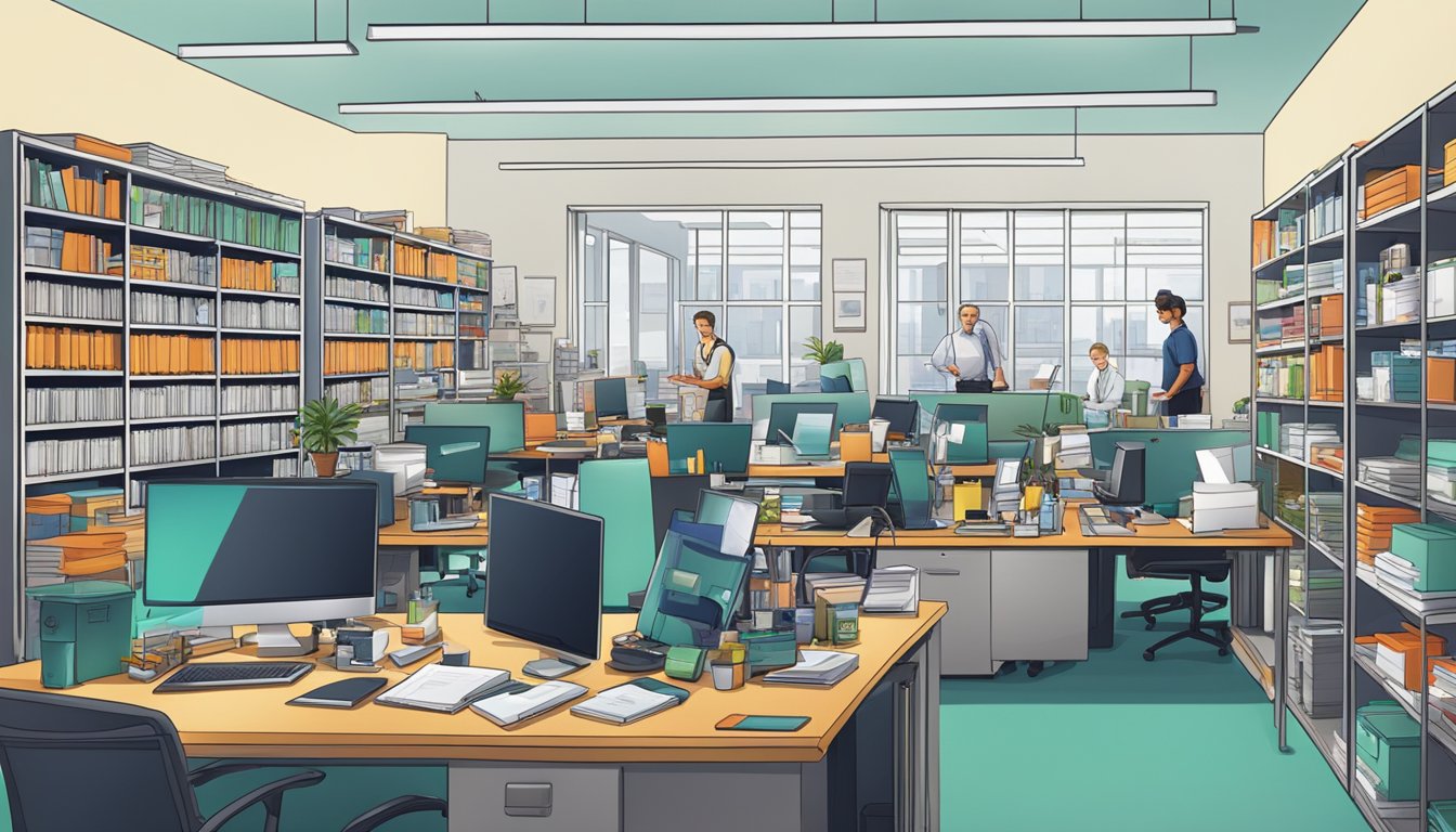 A busy office with employees working at their desks, shelves filled with merchandise, and a conference room with corporate gifts on display