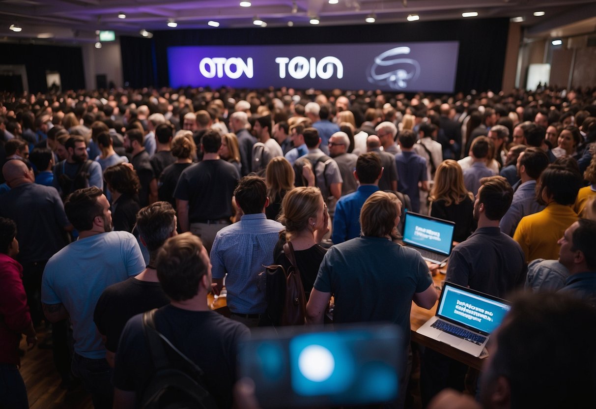 The TON Ecosystem logo shines above a crowd of investors eagerly purchasing TON tokens during the top-rated presale event