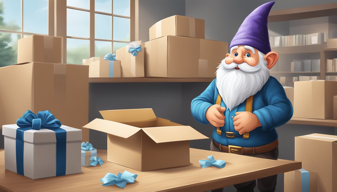 A gnome in a bowtie carefully packages corporate gifts for shipping. Boxes and packing materials are neatly organized in the background