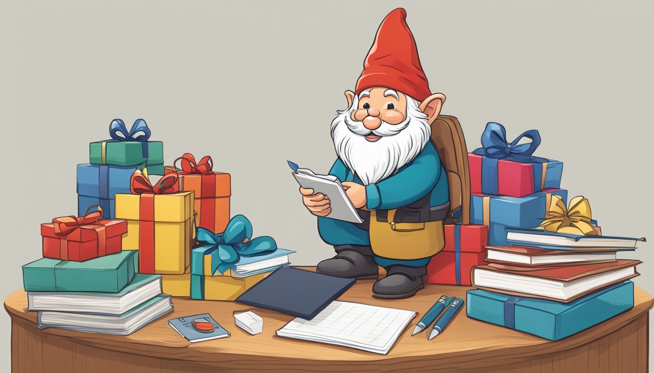A gnome surrounded by corporate gifts, taking notes and smiling