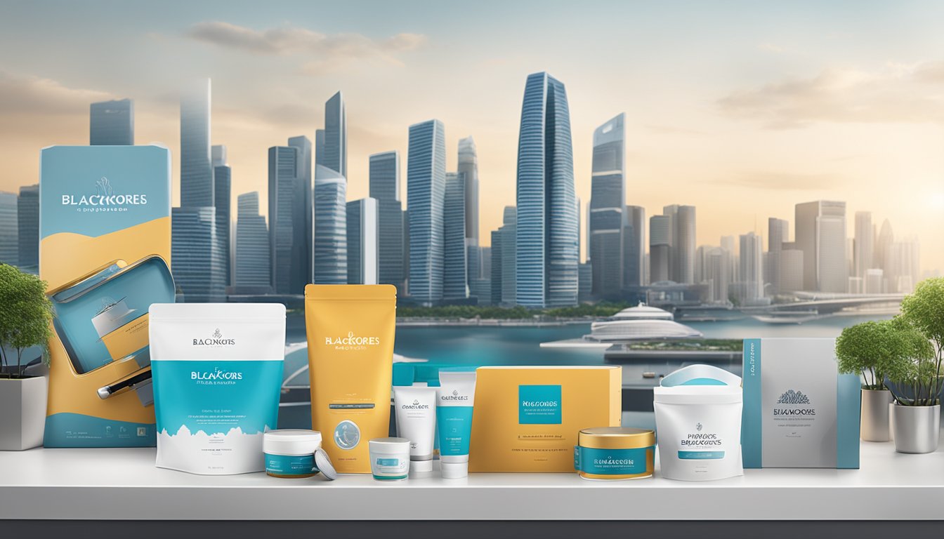 A group of corporate gifts from Blackmores Singapore arranged on a sleek, modern desk with the Singapore skyline in the background