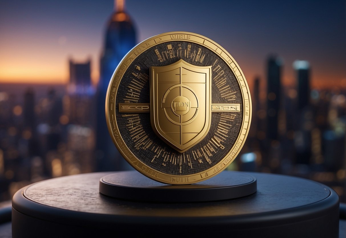 The TON Ecosystem is depicted with a shield protecting the toncoin token offering, surrounded by security measures and compliance protocols