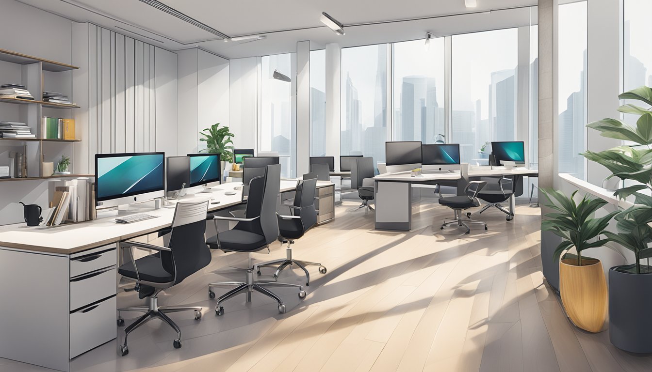 A sleek, modern office space with the Blacksmores Singapore logo prominently displayed on the wall. A variety of corporate gifts, such as branded mugs and notebooks, are neatly arranged on a table